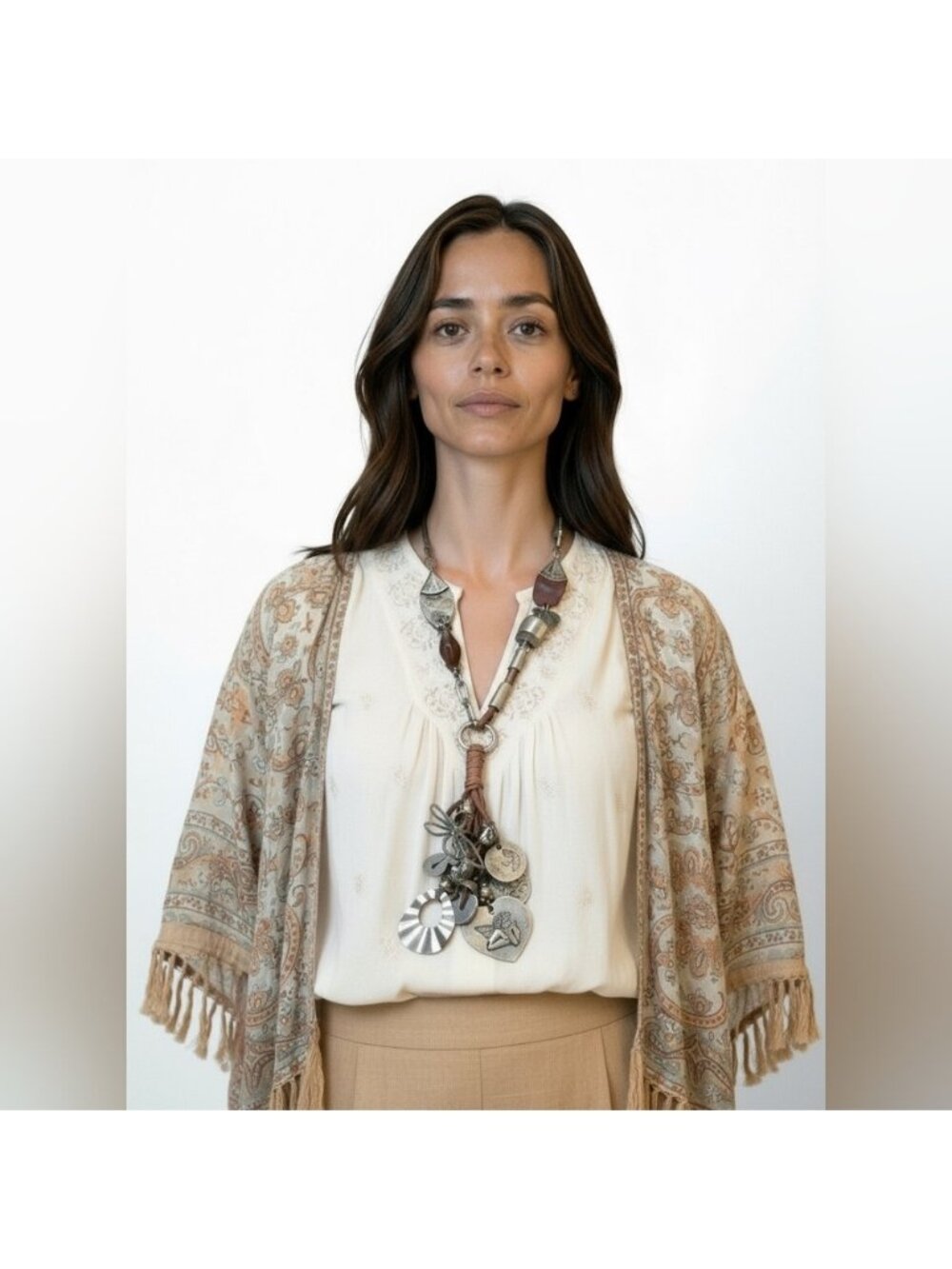 Bohemian cascading Charm Brown and Silver Pendant Necklace